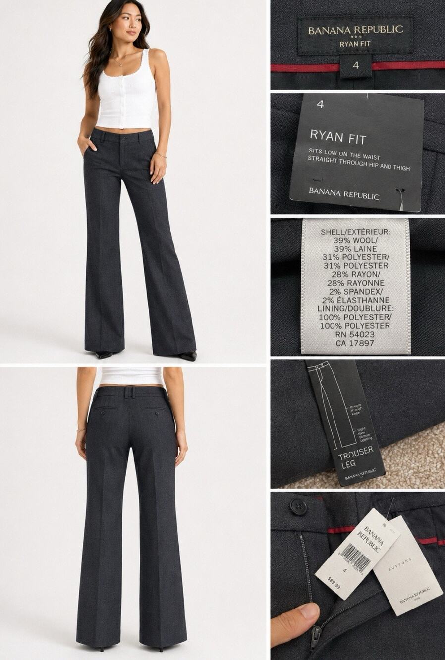 NWT Business Classic Banana Republic Ryan Fit Trouser Pants Size 4 Charcoal